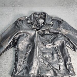Diamond Plate Jacket Mens XL Black Buffalo Leather Motorcycle Biker Riding Zip